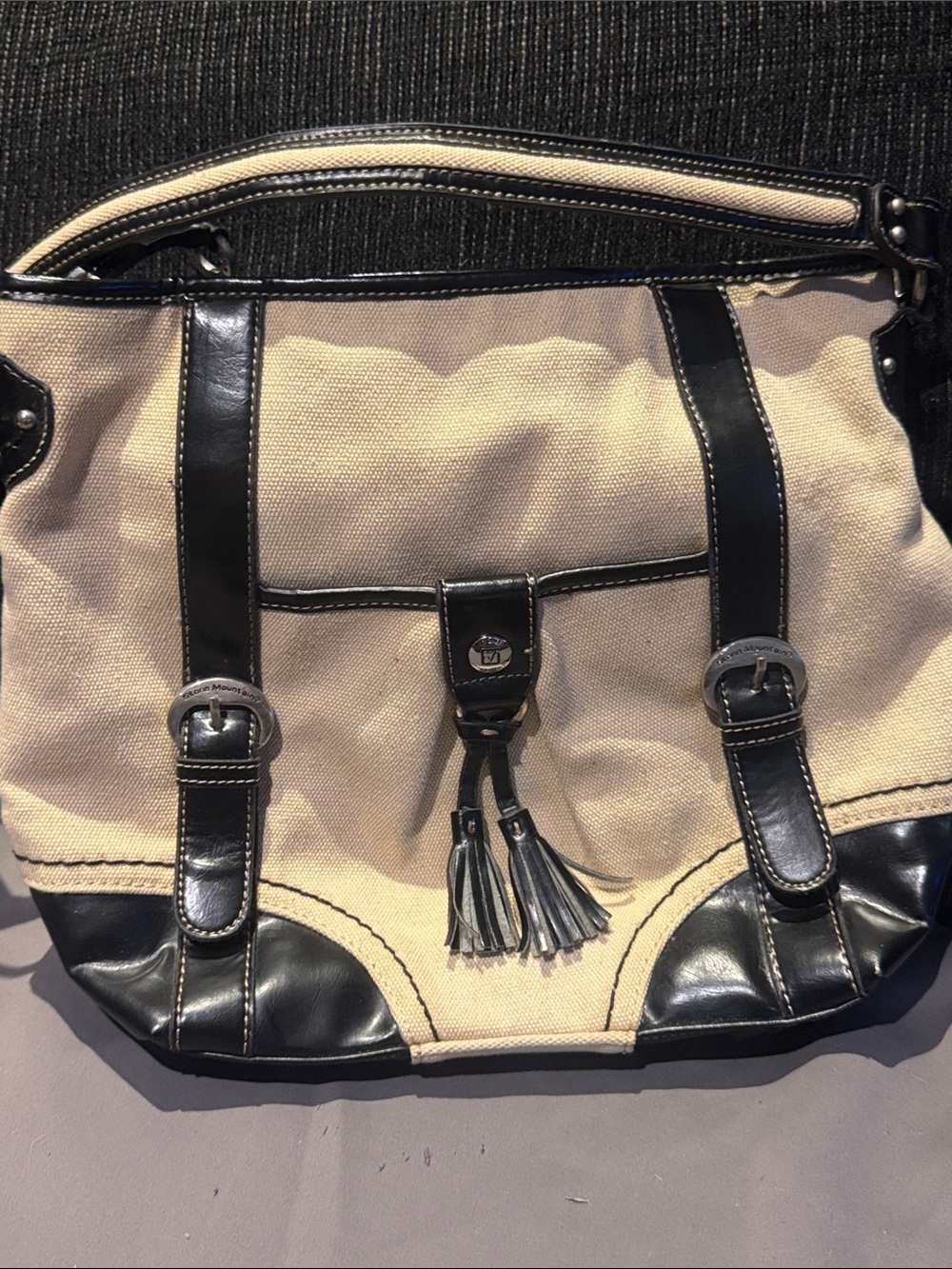 Stone Mountain Accessories Beige Canvas Shoulder Bag with Black Trim